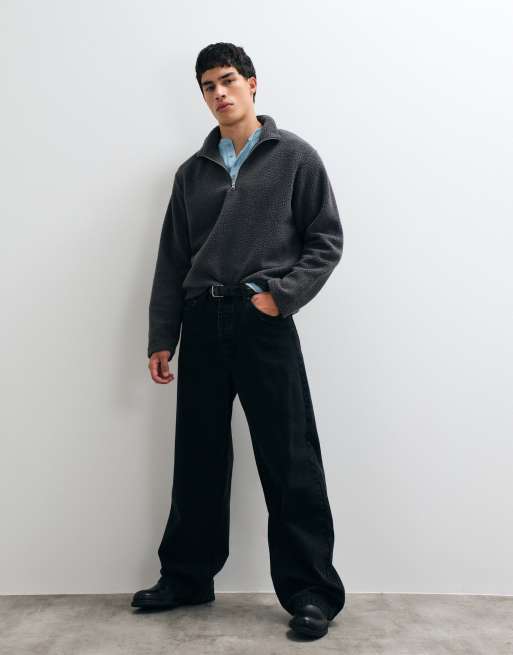 Jack & Jones teddy half zip fleece in charcoal grey, 2 of 5