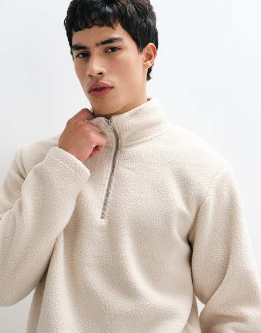 Jack & Jones teddy half zip fleece in oatmeal , 2 of 5