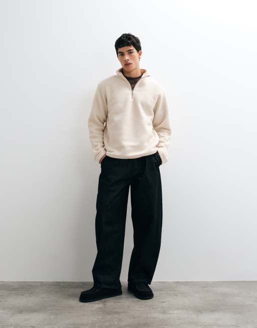 Jack & Jones teddy half zip fleece in oatmeal , 3 of 5