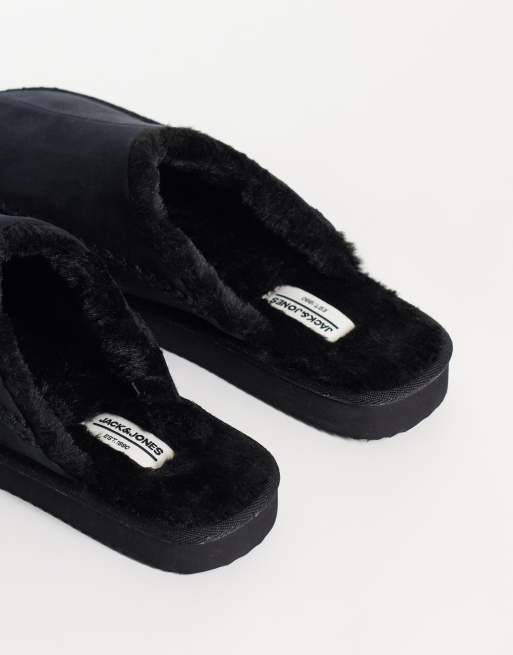 Jack & Jones teddy lined slip on slipper in black, 3 of 4