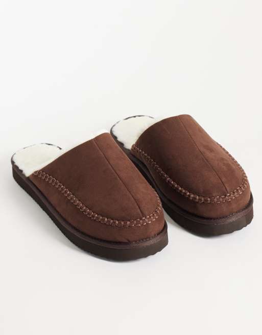 Jack & Jones teddy lined slip on slippers in brown, 2 of 4