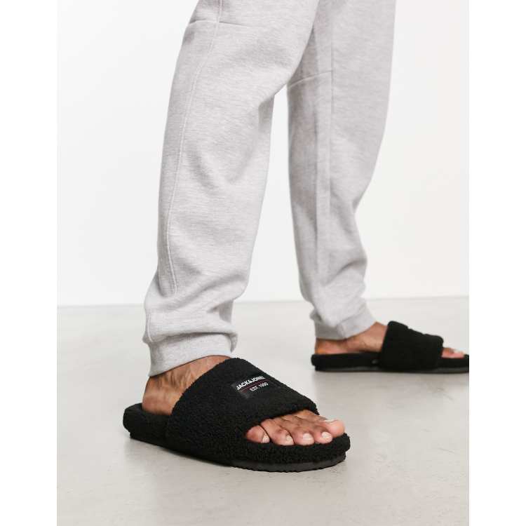 Jack Jones teddy slider slipper in black ASOS