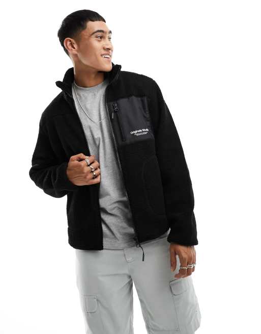 Jack & Jones – Teddyfell-Jacke in Schwarz mit Tasche
