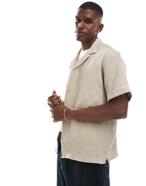 Jack & Jones revere collar textured short sleeve shirt in beige