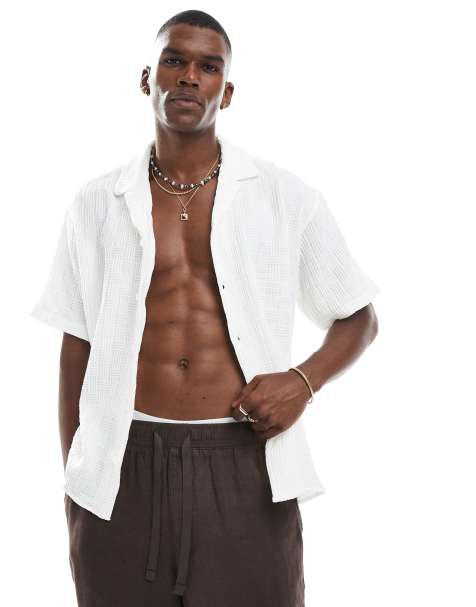 Jack & Jones revere collar textured short sleeve shirt in white