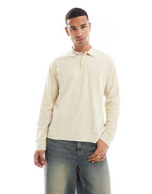 Jack & Jones – Teksturowana dzianinowa koszulka polo z długim rękawem w kolorze ecru