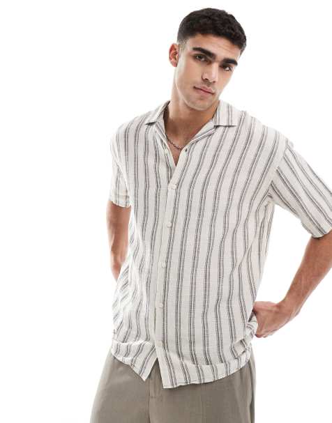 Jack & Jones revere collar textured stripe short sleeve shirt in cream