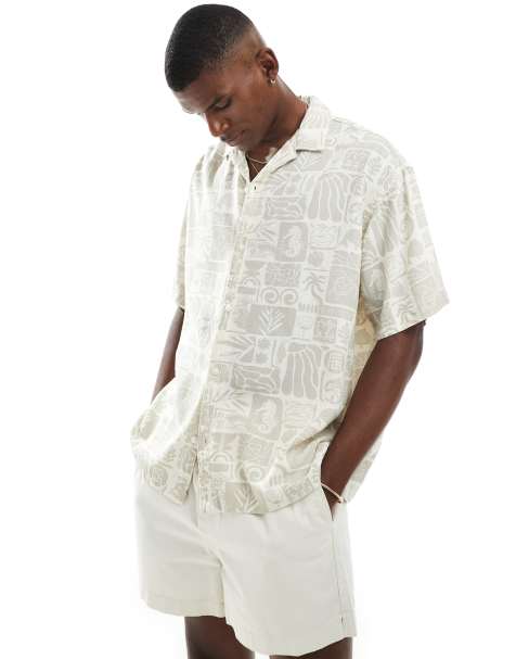 Jack & Jones revere collar linen short sleeve shirt with sealife print in beige 