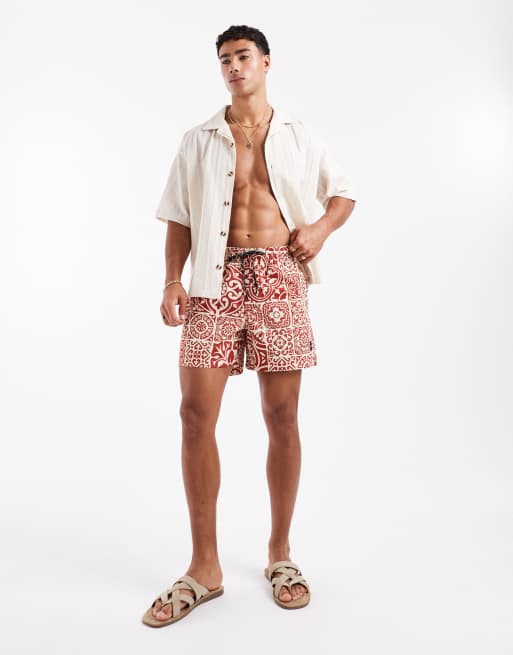 Jack & Jones - Terrakottafarvede badeshorts med klinkeprint, 3 af 4