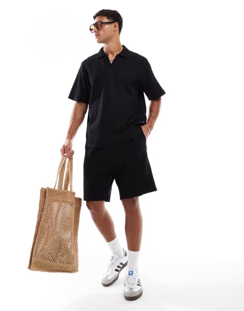 Jack & Jones texture open neck polo shirt and short set in black - view 1