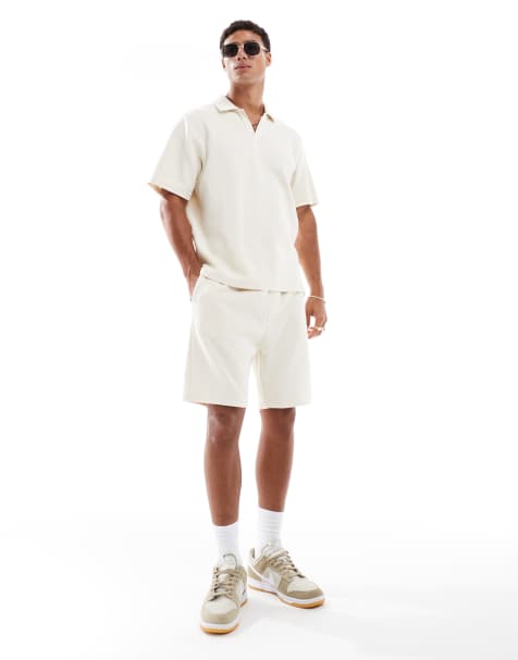 Jack & Jones texture open neck polo shirt and short set in off white - view 1