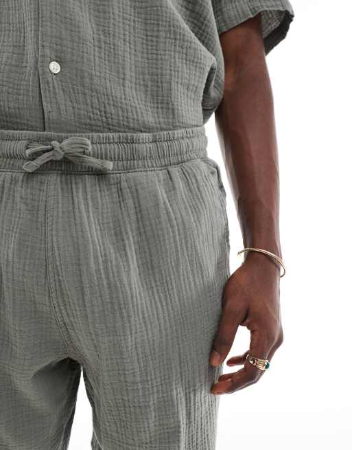 Jack & Jones texture revere collar shirt and short set in green, 3 of 4
