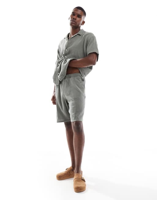 Jack & Jones texture revere collar shirt and short set in green, 4 of 4