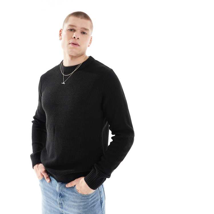 Jack Jones textured crew neck jumper in black ASOS