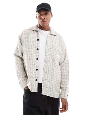 textured overshirt in cream check-White