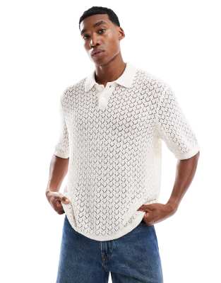 thick crochet polo in cream-White
