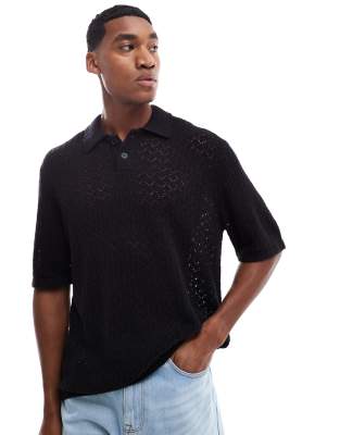 Jack & Jones thick crochet polo shirt in black - view 1