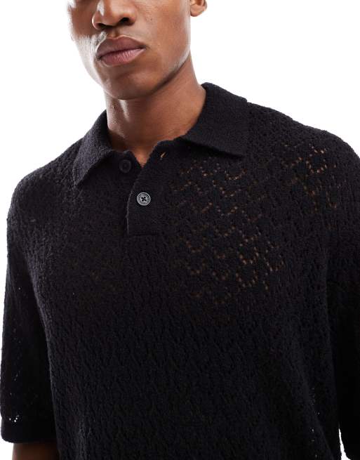 Jack & Jones thick crochet polo shirt in black | ASOS