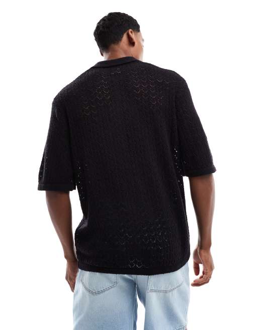 Jack & Jones thick crochet polo shirt in black | ASOS