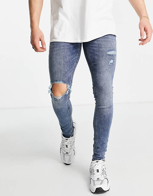 Jack & Jones Tom super skinny fit jeans with knee rips in mid blue
