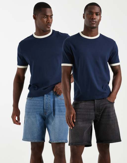 Jack & Jones - Tony - Pack de 2 pantalones cortos vaqueros de color azul medio y negro