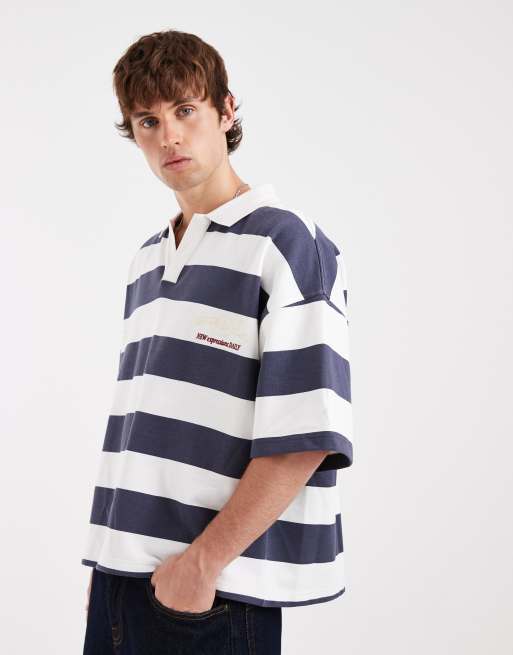 Jack & Jones - Top stile rugby a maniche corte blu e bianco a righe, 4 di 5