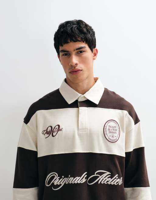 Jack & Jones - Top stile rugby marrone e bianco sporco a righe ricamate, 2 di 5