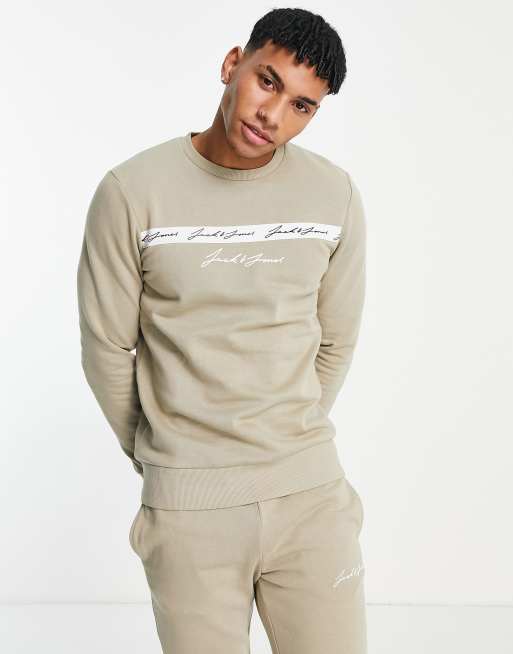 Jack & Jones tracksuit with chest logo in beige | ASOS