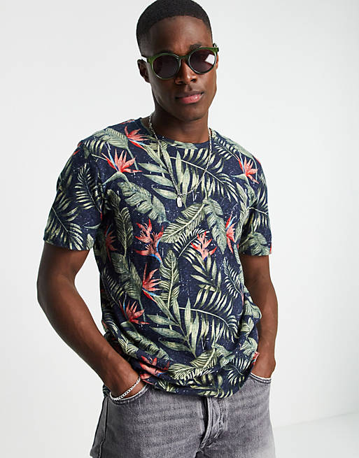 Jack & Jones tropical print t-shirt in navy | ASOS