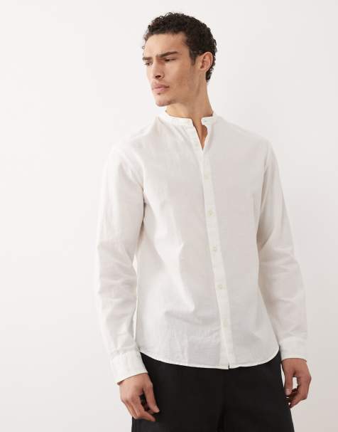 Jack & Jones linen blend shirt with grandad collar in white