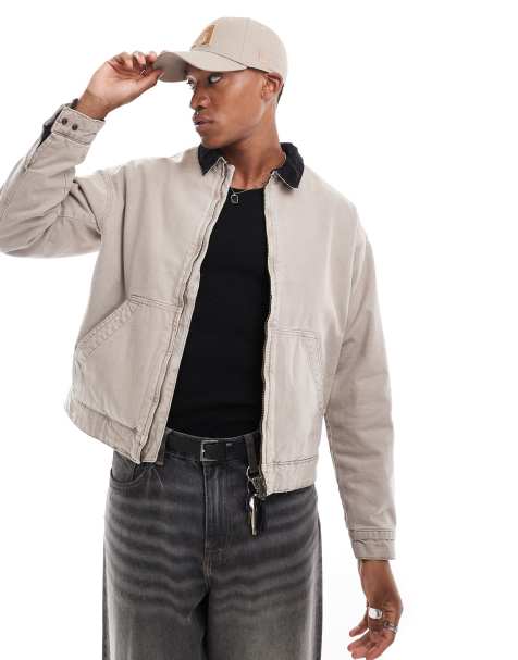 Jack & Jones twill carpenter jacket with cord collar in beige - view 1