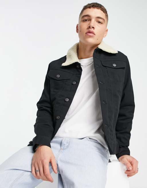 Jack & Jones twill jacket with borg collar in black | ASOS