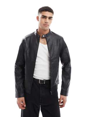 Veste Jones NY En Cuir Véritable Noir - Broderie Blanche Ajourée, Taille M, Occasion TBÉ