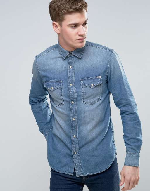 Jack Jones Vintage Western Denim Shirt in Mid Wash