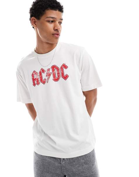 Jack & Jones – Vit t-shirt i oversize med AC/DC-tryck framtill - view 1