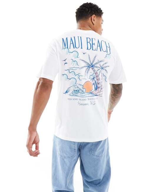 Jack & Jones – Vit t-shirt i oversize med maui-tryck baktill 