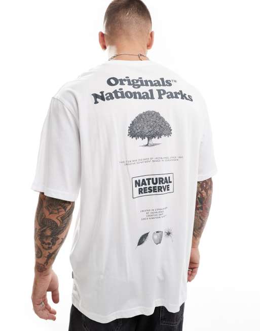Jack & Jones – Vit t-shirt i oversize med National Parks-tryck baktill