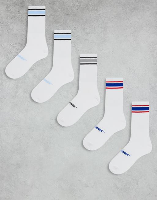 Jack & Jones – Vita sportstrumpor med kontrastfärgade ränder, 5-pack