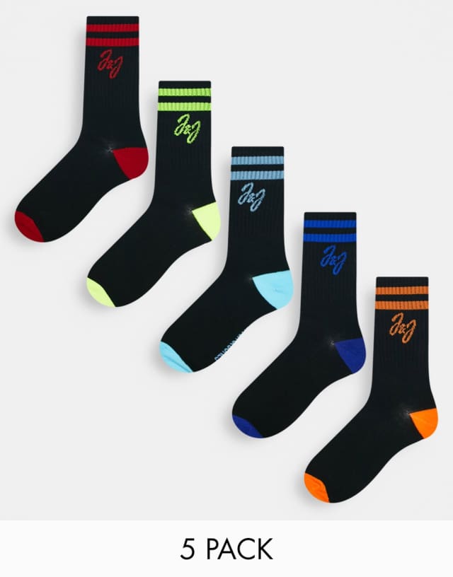 Jack & Jones Waca 5 pack color block tennis socks in black multi