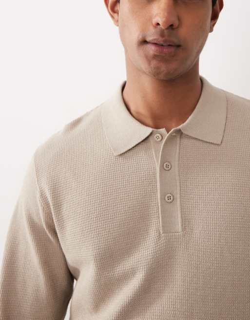 Jack & Jones waffle knit button polo jumper in beige, 3 of 5