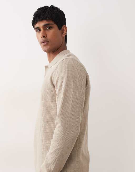 Jack & Jones waffle knit button polo jumper in beige, 4 of 5