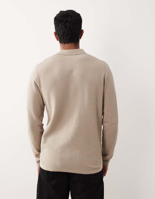 Jack & Jones waffle knit button polo jumper in beige, 5 of 5