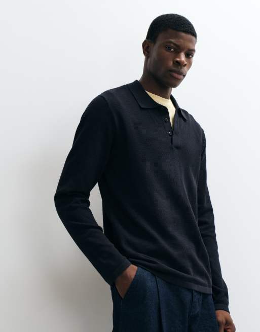 Jack & Jones waffle knit button polo jumper in black, 2 of 5