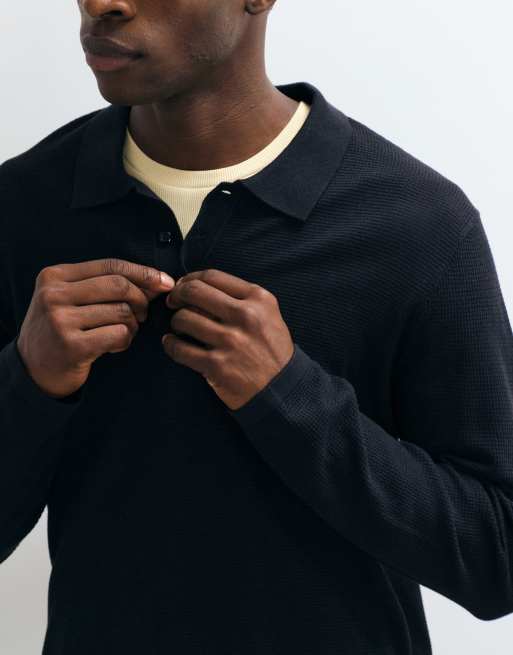 Jack & Jones waffle knit button polo jumper in black, 3 of 5