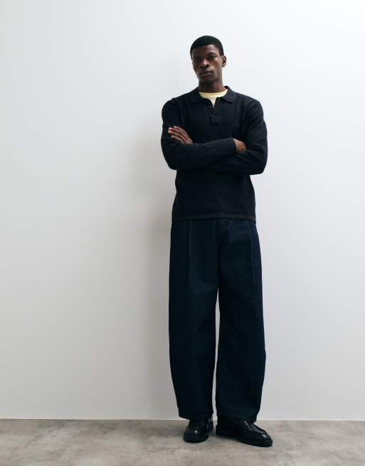 Jack & Jones waffle knit button polo jumper in black, 4 of 5