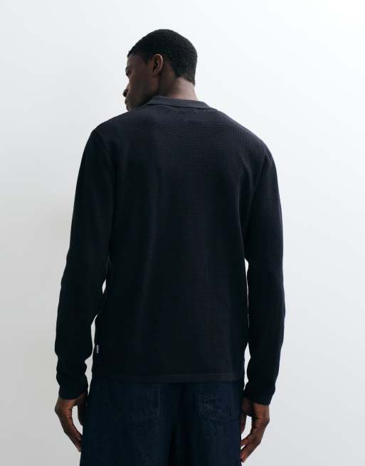 Jack & Jones waffle knit button polo jumper in black, 5 of 5