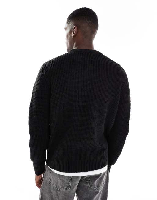 Jack & Jones waffle knit jumper in black, 3 of 5