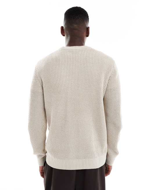 Jack & Jones waffle knit jumper in cream, 3 of 5