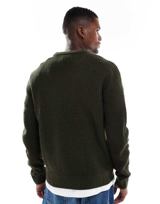 Jack & Jones waffle knit jumper in dark green, 3 of 5