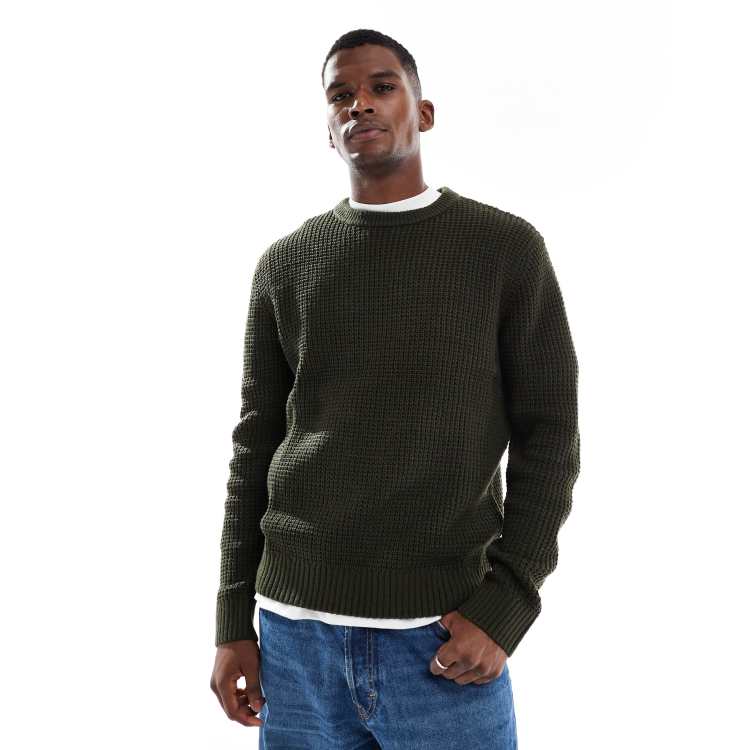 Jack & Jones waffle knit sweater in dark green | ASOS